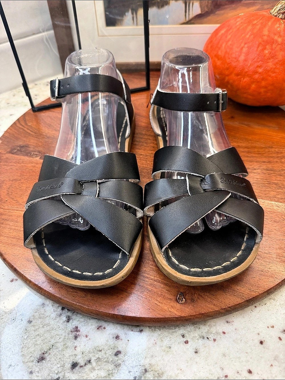 Salt-Water Black Leather Sandals – Strappy Ankle Buckle Flat Sandals